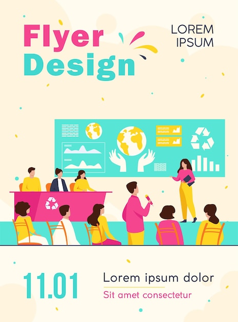 Ecological press conference member speaking on stage before audience, presenting graphs with earth flyer template