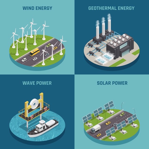 Free Vector  ecological renewable green energy sources 4 isometric icons square poster with wind solar and power isolated