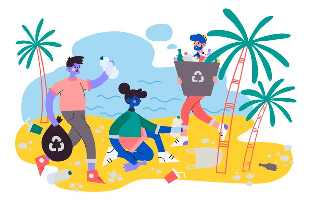 Ecology concept with people cleaning the beach