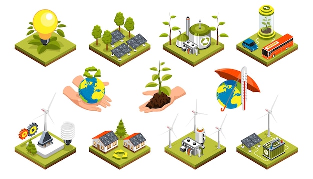 Free Vector ecology isometric icons set on theme of green energy clean planet and eco home isolated on white background vector illustration