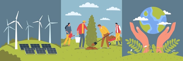 Free Vector ecology pollution design concept with three square compositions of alternative energy volunteers and earth in hands vector illustration