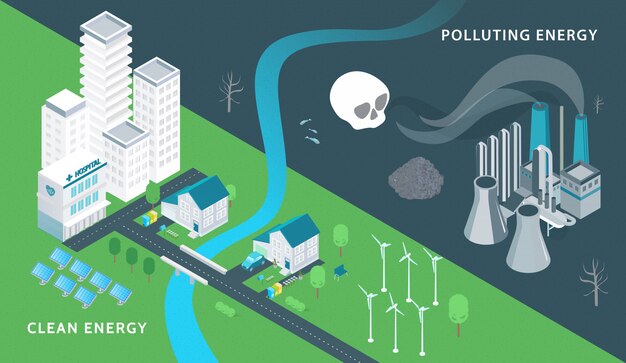 Ecology and pollution isometric  with clean energy symbols isometric 