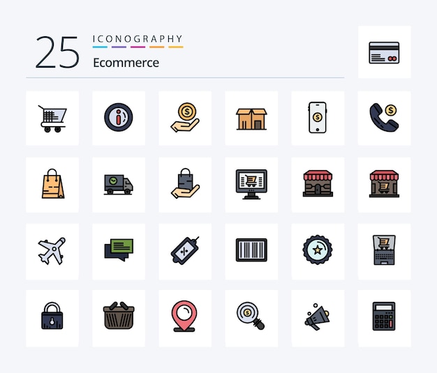 Free vector ecommerce 25 line filled icon pack including shopping ecommerce shopping shopping market