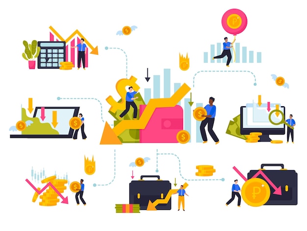 Free Vector economy crisis composition in flat style with financial diagrams sad characters and money symbols vector illustration