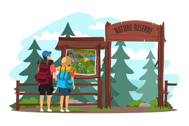 Ecotourism and camp hiking adventure of couple people in forest Cartoon woman and man with backpacks trekking outdoor friends standing and looking at map at entrance to park of nature reserve