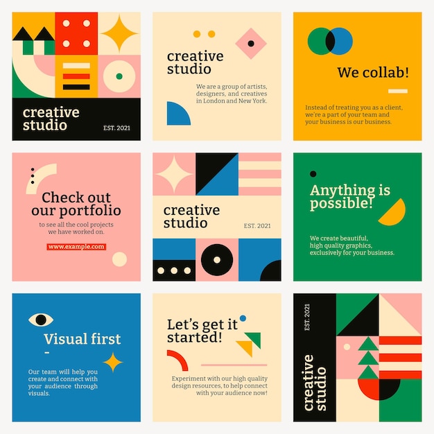 Editable social media template vector bauhaus inspired flat design set