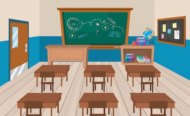 Free Vector education classroom with desks and books with blackboard