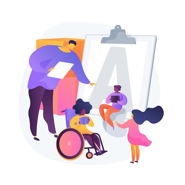 Free vector education for disabled children. handicapped kid on wheelchair in kindergarten. equal opportunities, preschool program, special needs.