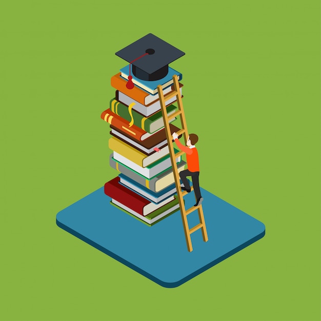 Education graduation isometric concept. Man figure climbs on ladder over heap of books to reach graduate cap illustration.