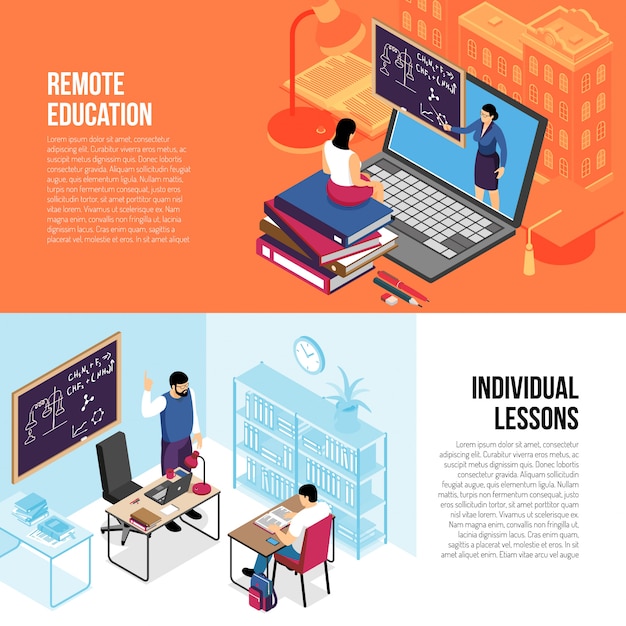 Free Vector education horizontal isometric banners with individual private lessons and online college university courses isolated vector illustration