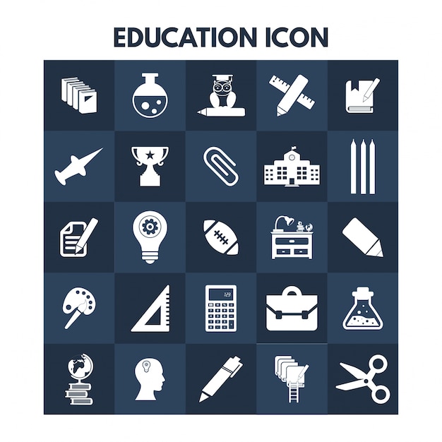 Education icons on blue boxes