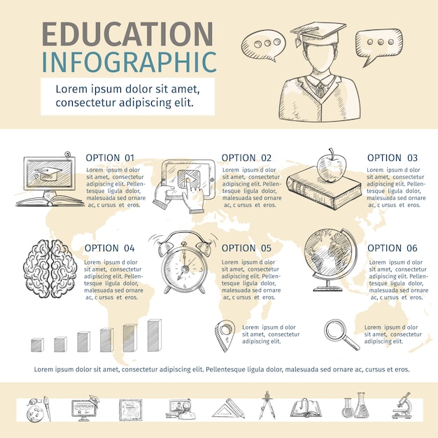 Free Vector education infographic set with school study sketch symbols