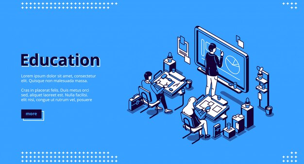 Education isometric landing page, teacher students