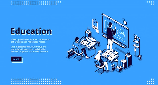 Education isometric landing page, teacher students