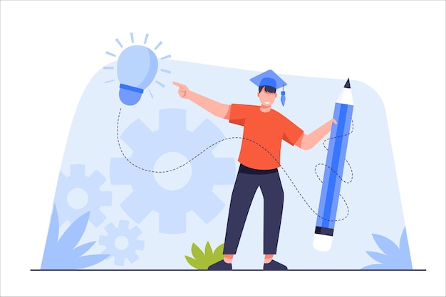 Free vector education and knowledge is power to build creativity idea or solution man wearing graduation hat or mortar board and hands hold pencil flat illustration vector design