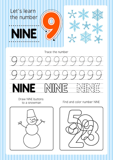 Free Vector educational number nine worksheet