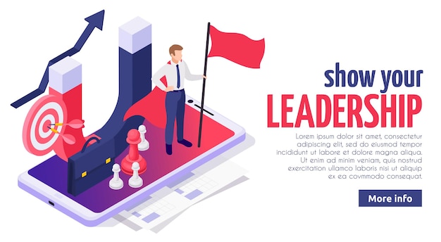 Effective leadership soft skills isometric web page design with successful businessman on smartphone screen