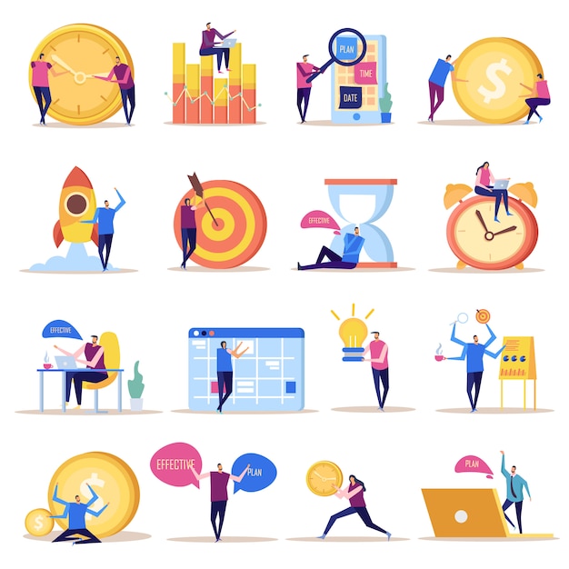 Effective management concept flat icons collection of isolated doodle style images with human characters and symbols