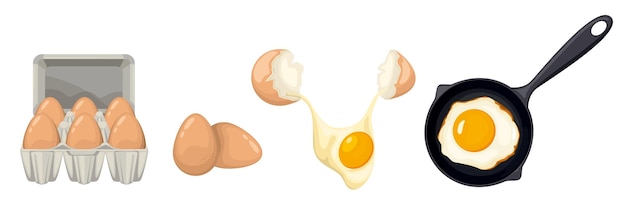 Eggs set of isolated icons with pack of eggs and frying pan with fried eggs meal vector illustration