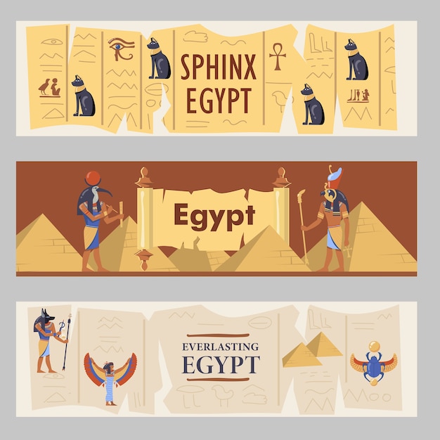 Free vector egypt banners set. egyptian pyramids, cats and gods vector illustrations with text. templates for travel flyers or brochures