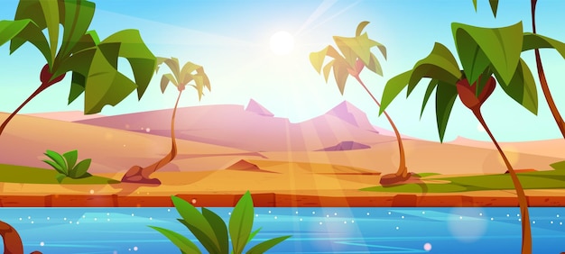 Free Vector egypt desert with nile river and palm tree vector illustration egyptian sand terrain game landscape scene sunlight ray in drought fantasy and mysterious location with water and green grass