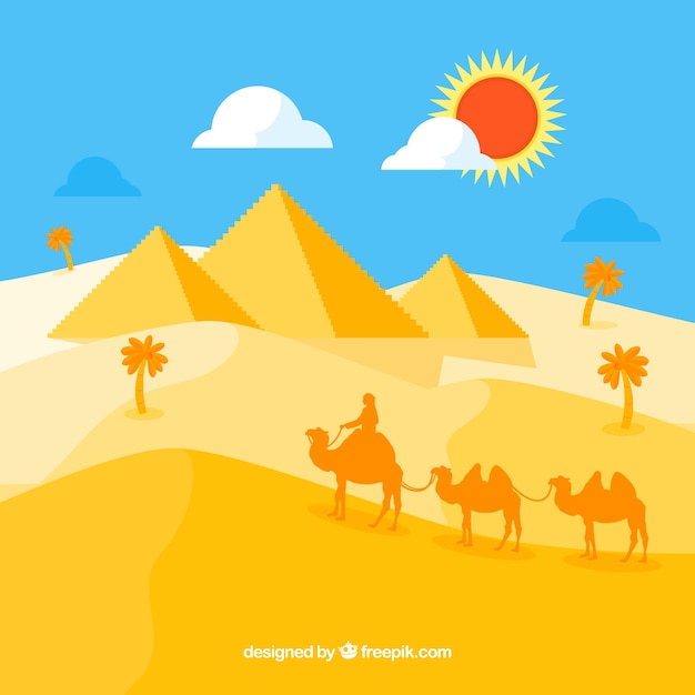 Free Vector egypt landscape concept with pyramids and caravan