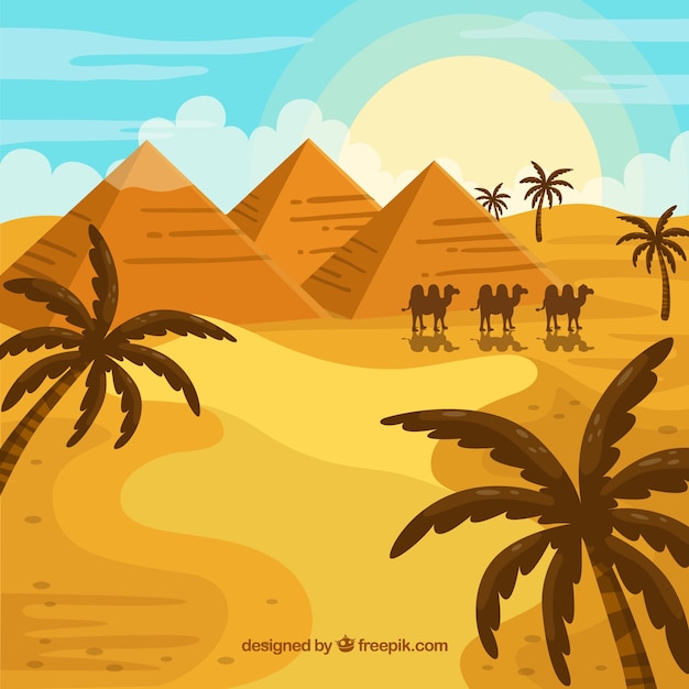 Egypt landscape concept with pyramids and caravan