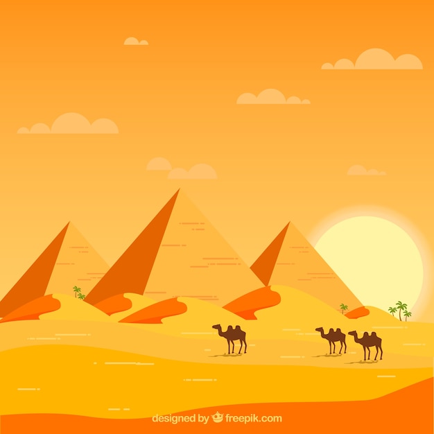 Free Vector egypt landscape with caravan and pyramids