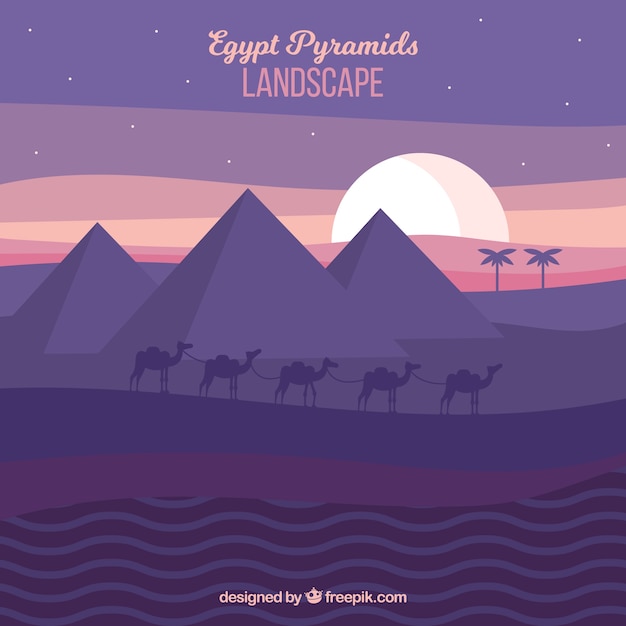 Free Vector egypt pyramids landscape with camel caravan in the night