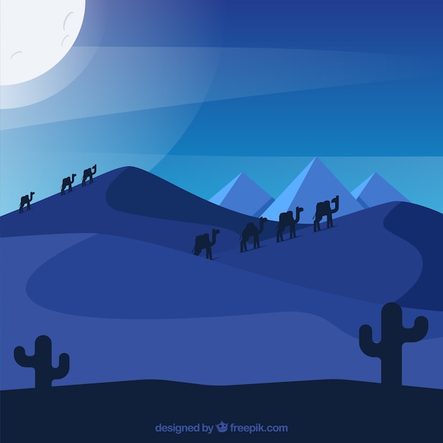 Free vector egypt pyramids landscape with camel caravan in the night