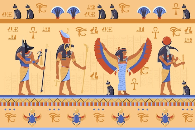 Egyptian deities on ancient bas relief with hieroglyphs. Cartoon illustration.