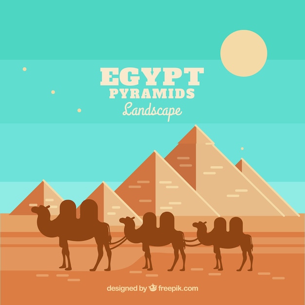 Free Vector egyptian desert landscape with pyramids and caravan