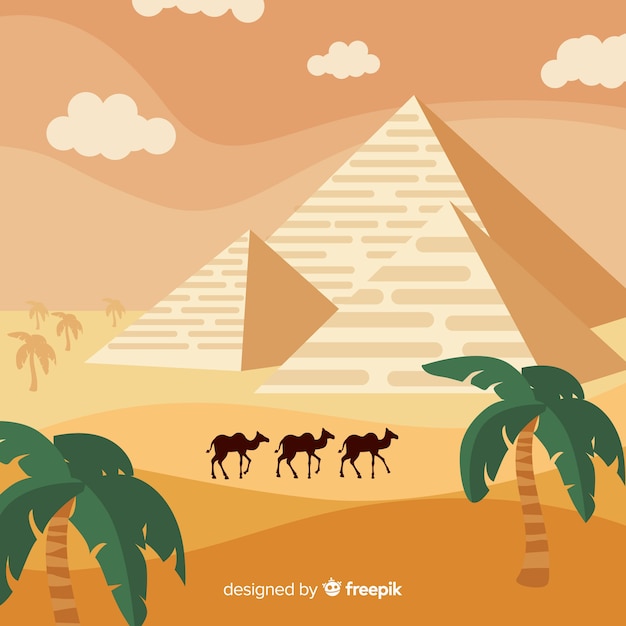 Free Vector egyptian desert landscape with pyramids and caravan