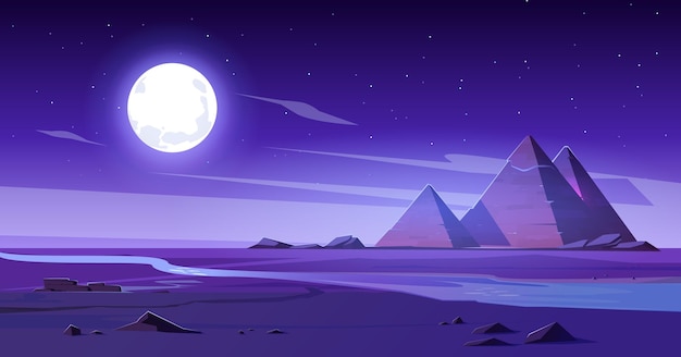 Free Vector egyptian desert with river and pyramids at night.