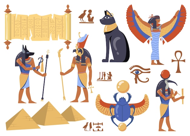 Egyptian mythology characters set. Ancient Egypt symbols, cat, Iris, papyrus, deities with birds and animals heads, Scarabaeus sacer, pyramids.