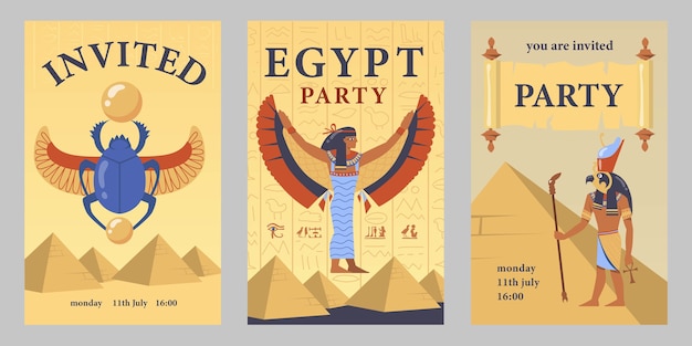 Egyptian party invitation card template set. Egyptian pyramids, Isis, scarab vector illustrations with time and date. Templates for announcing poster or flyer