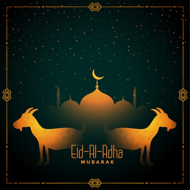 Free Vector eid al adha islamic festival greeting with goat and mosque