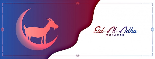 Free vector eid al adha mubarak concept banner with goat and moon