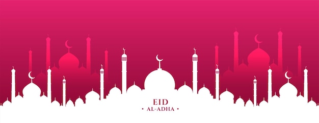 Eid al adha mubarak with islamic mosque in flat colors banner