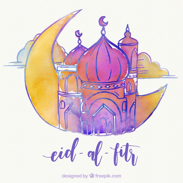 Free vector eid al fitr background of watercolor mosque and moon