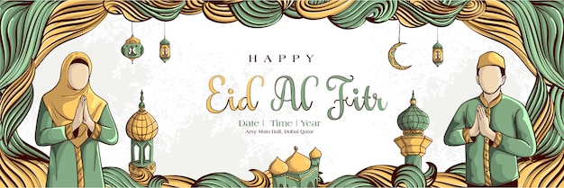 Eid al Fitr Background with Hand drawn of Muslim People and Islamic Ramadan Ornament on White Grunge Background.