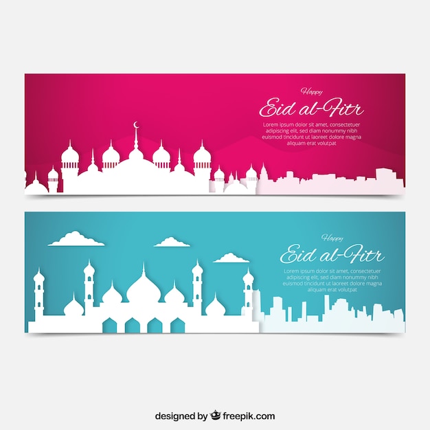 Eid al-fitr banners of white city silhouettes