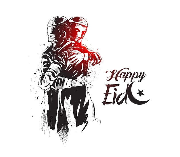 Eid celebration Muslim man hugging and wishing to each other on occasion Vector illustration