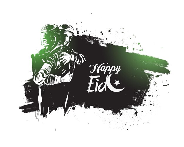 Eid celebration Muslim man hugging and wishing to each other on occasion Vector illustration