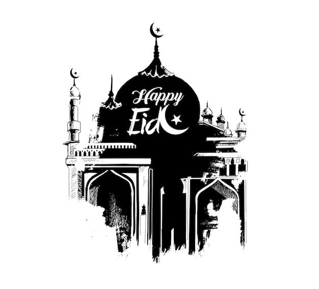 Eid Mubarak celebration Calligraphy Stylish Lettering Ramadan Kareem Text with Mosque Vector illustration