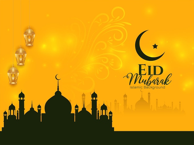 Eid Mubarak festival glossy yellow background with mosque vector