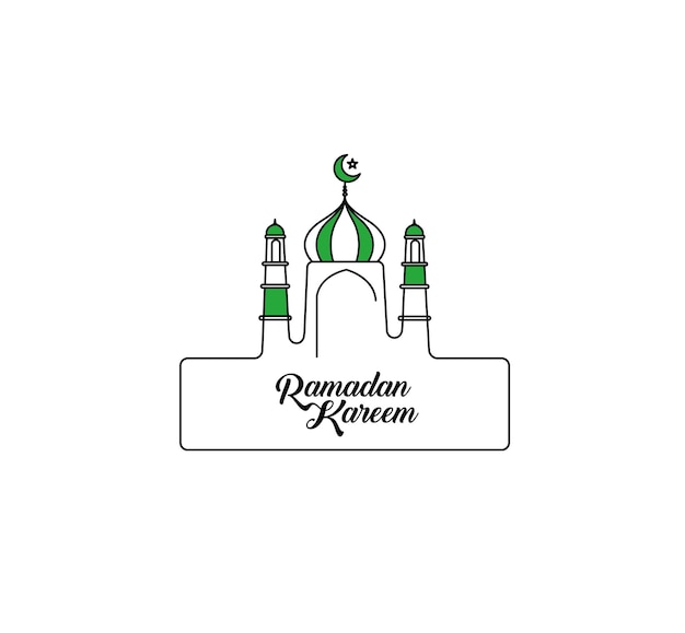 Eid Mubarak Line Art Calligraphy Stylish Lettering Ramadan Kareem Text Moon with Mosque Vector illustration