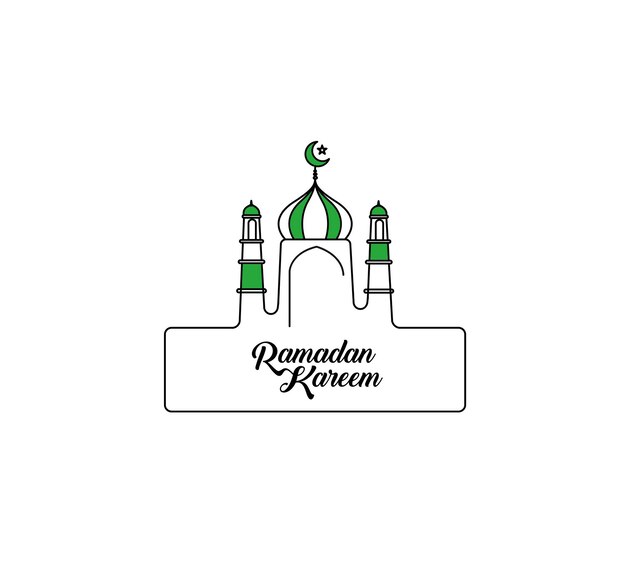 Eid Mubarak Line Art Calligraphy Stylish Lettering Ramadan Kareem Text Moon with Mosque Vector illustration