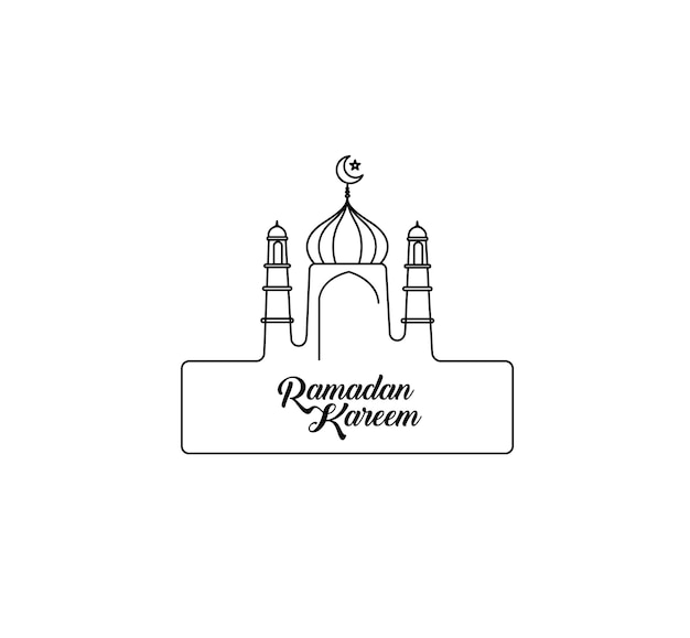 Eid Mubarak Line Art Calligraphy Stylish Lettering Ramadan Kareem Text Moon with Mosque Vector illustration