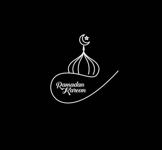 Eid Mubarak Line Art Calligraphy Stylish Lettering Ramadan Kareem Text Moon with Mosque Vector illustration